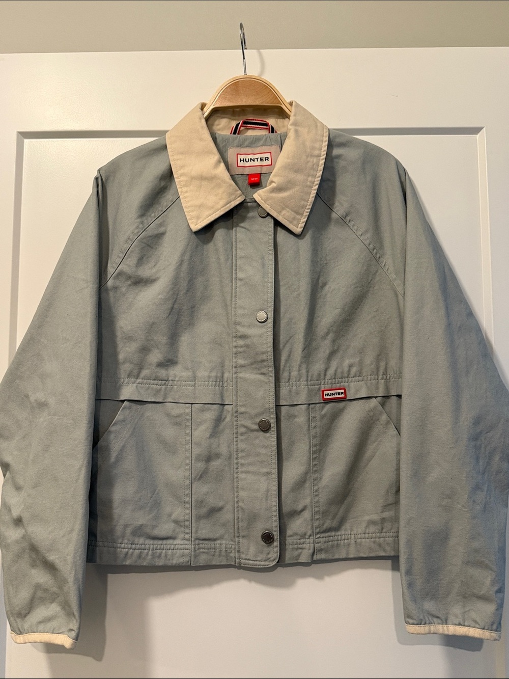 Hunter brand 100% cotton chore jacket M workwear gray blue with cream collar